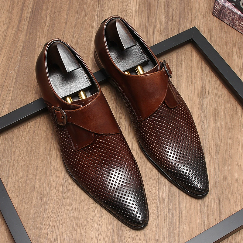 Main view of brown monk strap shoes with perforated leather design-Colinshoes