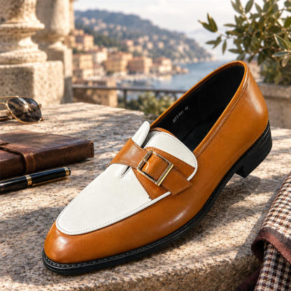 Men's two-tone buckle loafers styled with tailored trousers