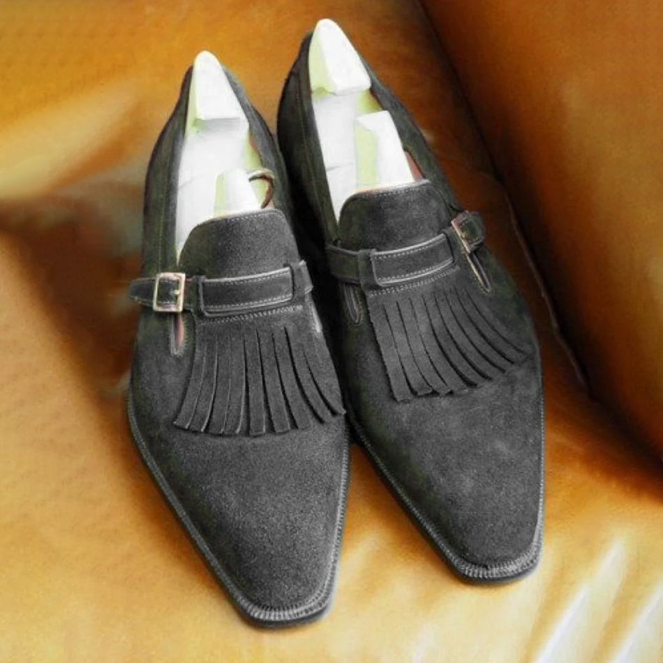 Retro Brown Suede Tassel Buckle Dress Loafers