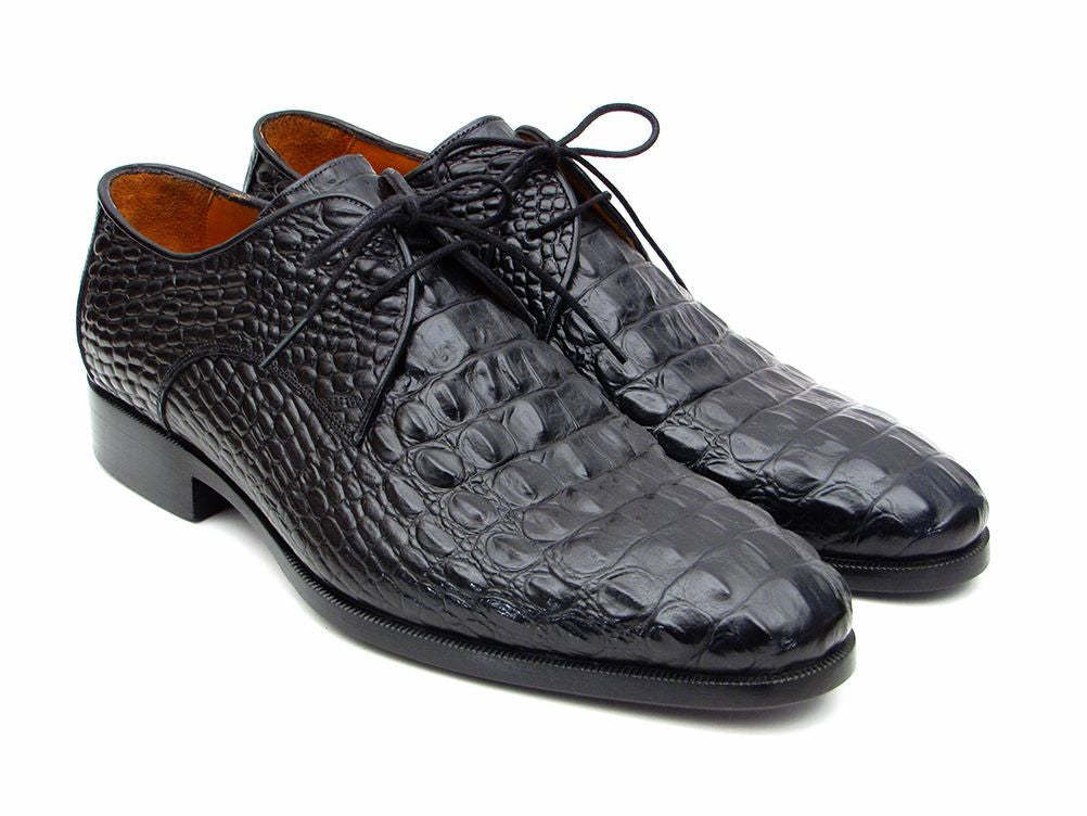Black croc embossed leather derby shoes for men