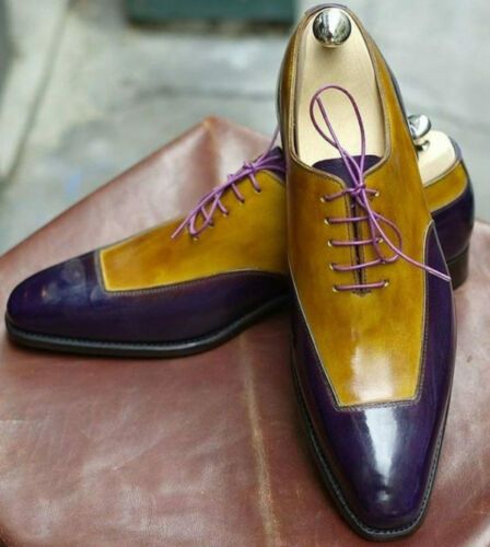 Yellow and purple leather derby shoes front view-Colinshoes