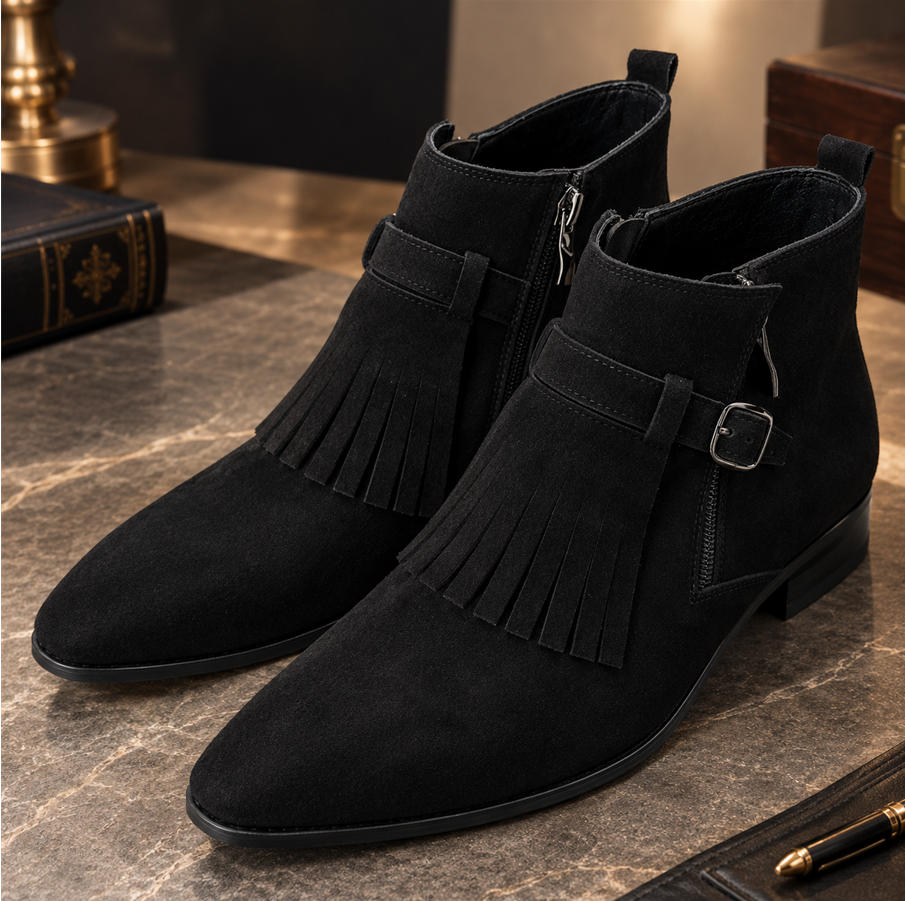 Timeless Double Zipper Suede Fringe Ankle Boots