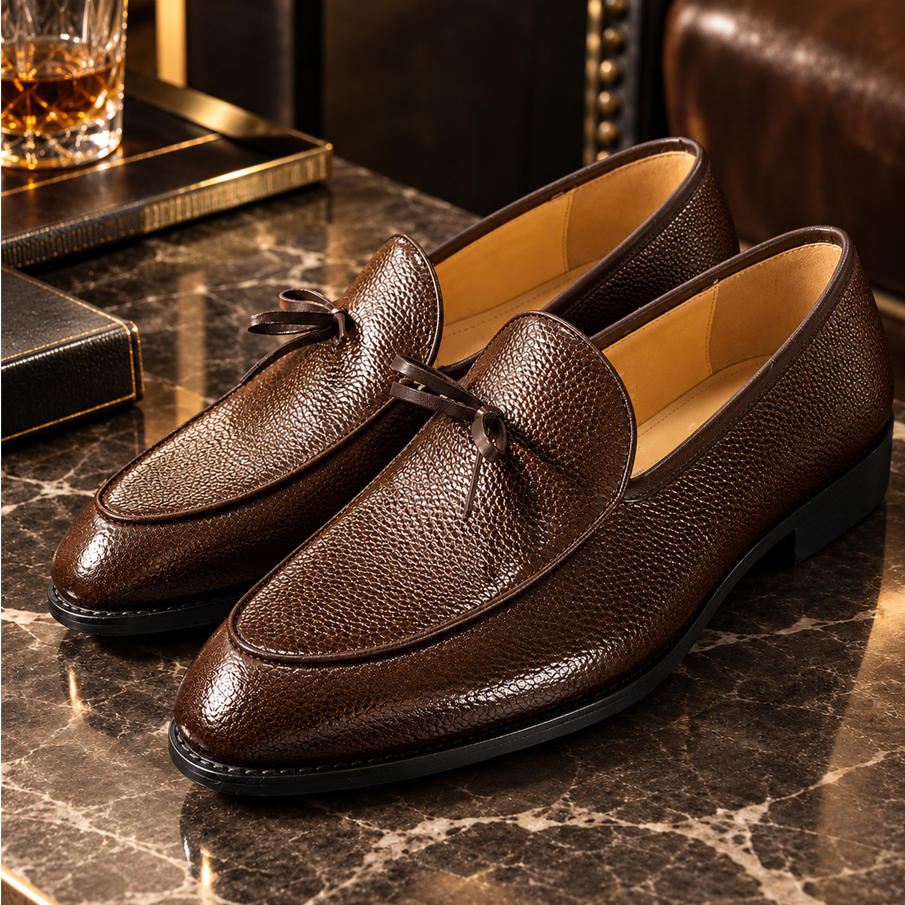 Signature Bow Pebble-Grain Leather Slip-Ons