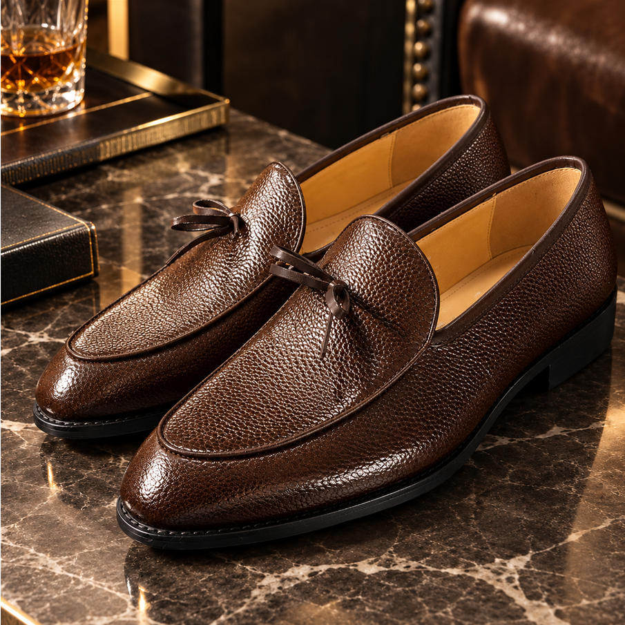 Signature Bow Pebble-Grain Leather Slip-Ons