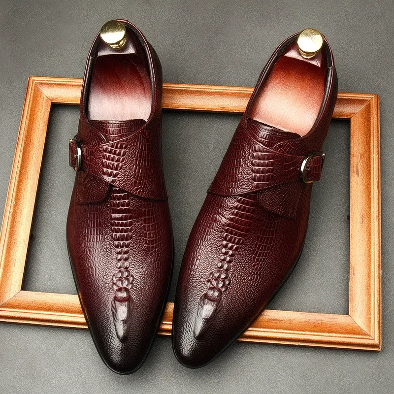Luxury Croc-Textured Monk Strap Shoes-Colinshoes