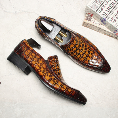 Amber Brown Crocodile-Pattern Loafers with Burnished Finish