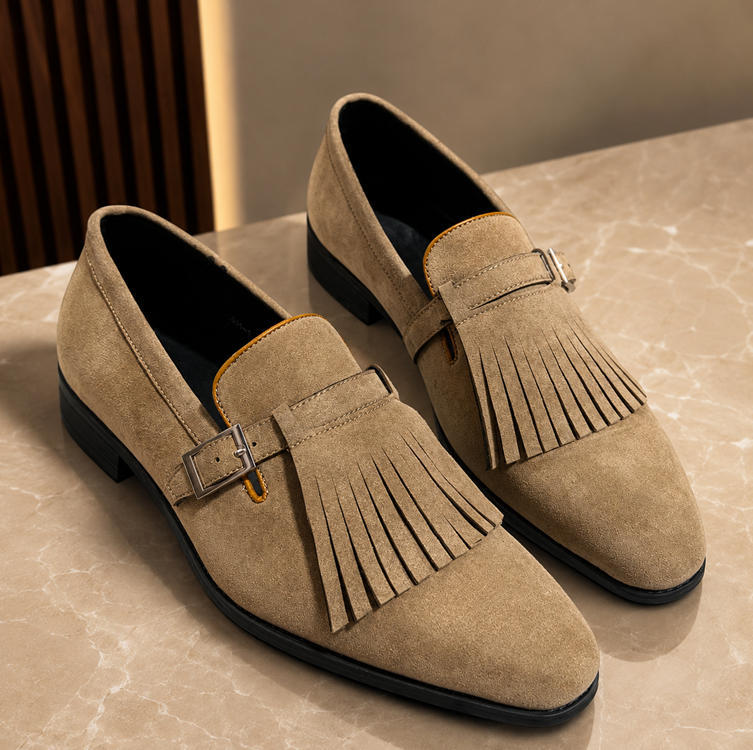 Retro Brown Suede Tassel Buckle Dress Loafers