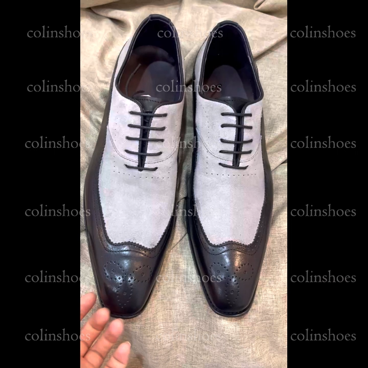 Black Genuine Leather & Grey Suede Wingtip Oxford Shoes 