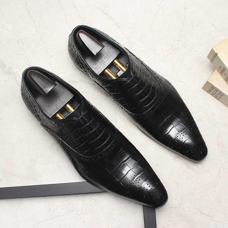 Men's Black Brogue Dress Shoes with Embossed Accents