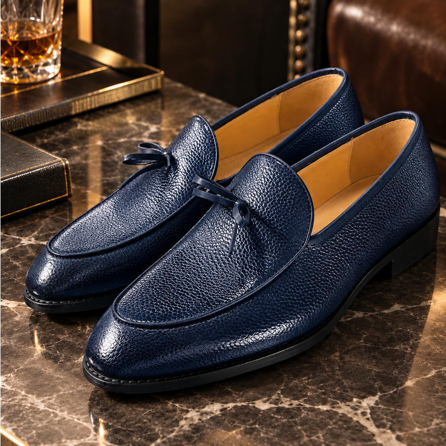 Signature Bow Pebble-Grain Leather Slip-Ons