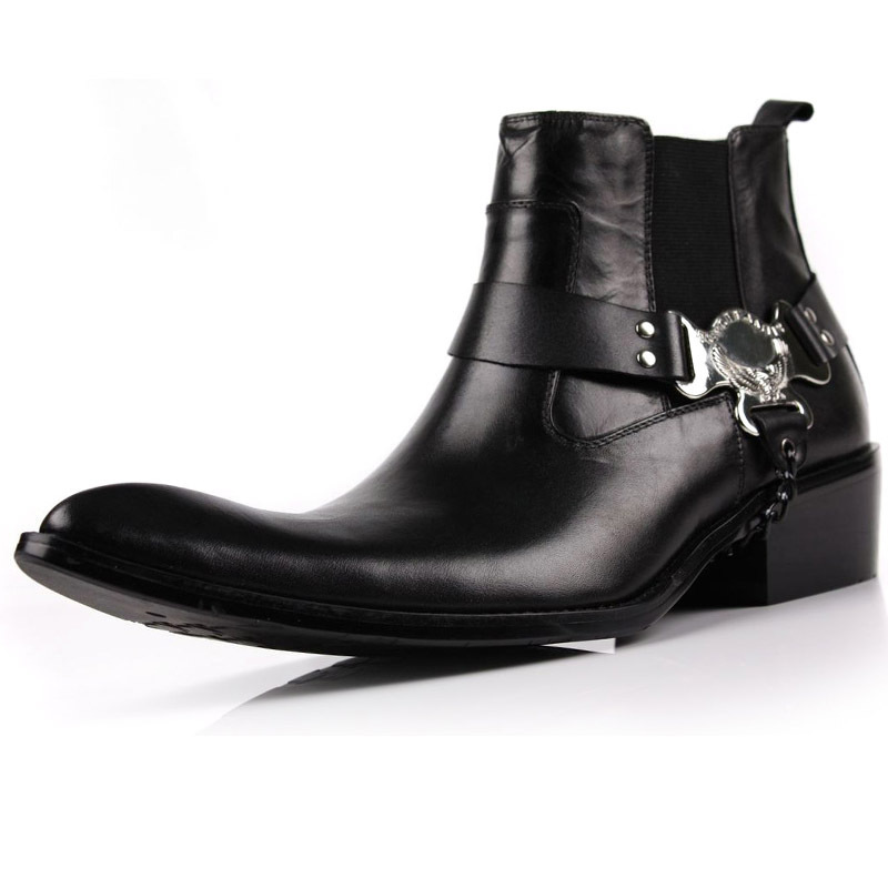 Side-left angle of men’s leather Western harness boots with pointed toe