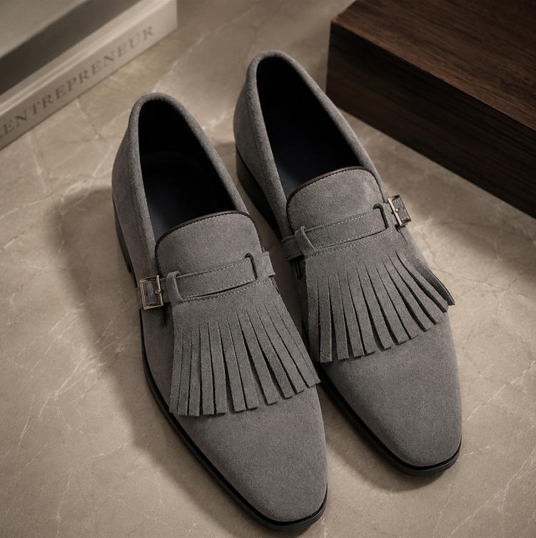 Retro Brown Suede Tassel Buckle Dress Loafers