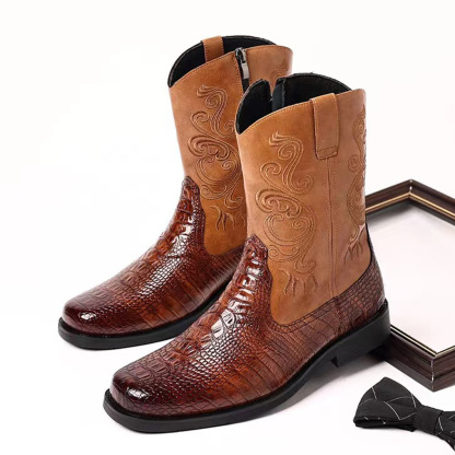 Western Cowboy Vintage Croc-Embossed Leather Boots