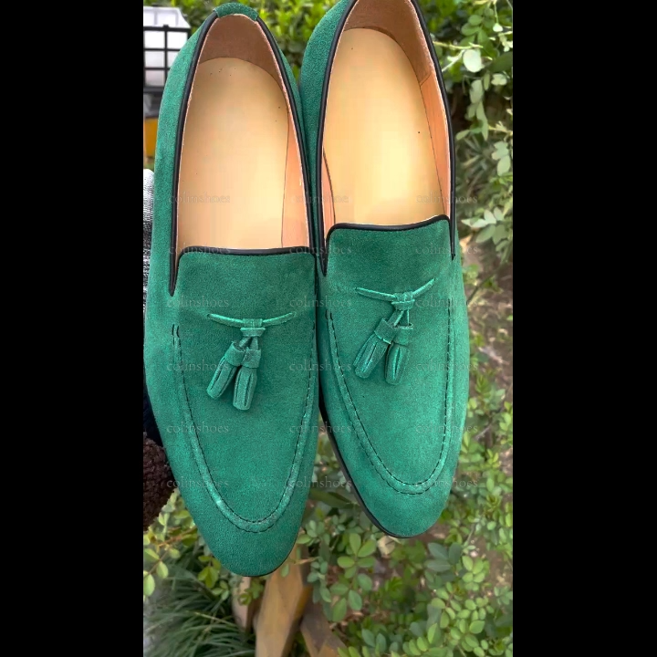 Genuine Leather Green Suede Tassel Loafers Shoes