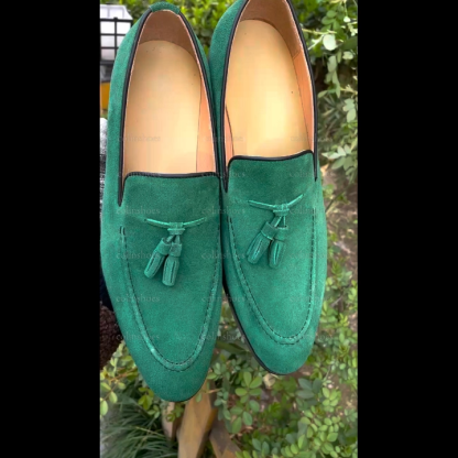 Genuine Leather Green Suede Tassel Loafers Shoes