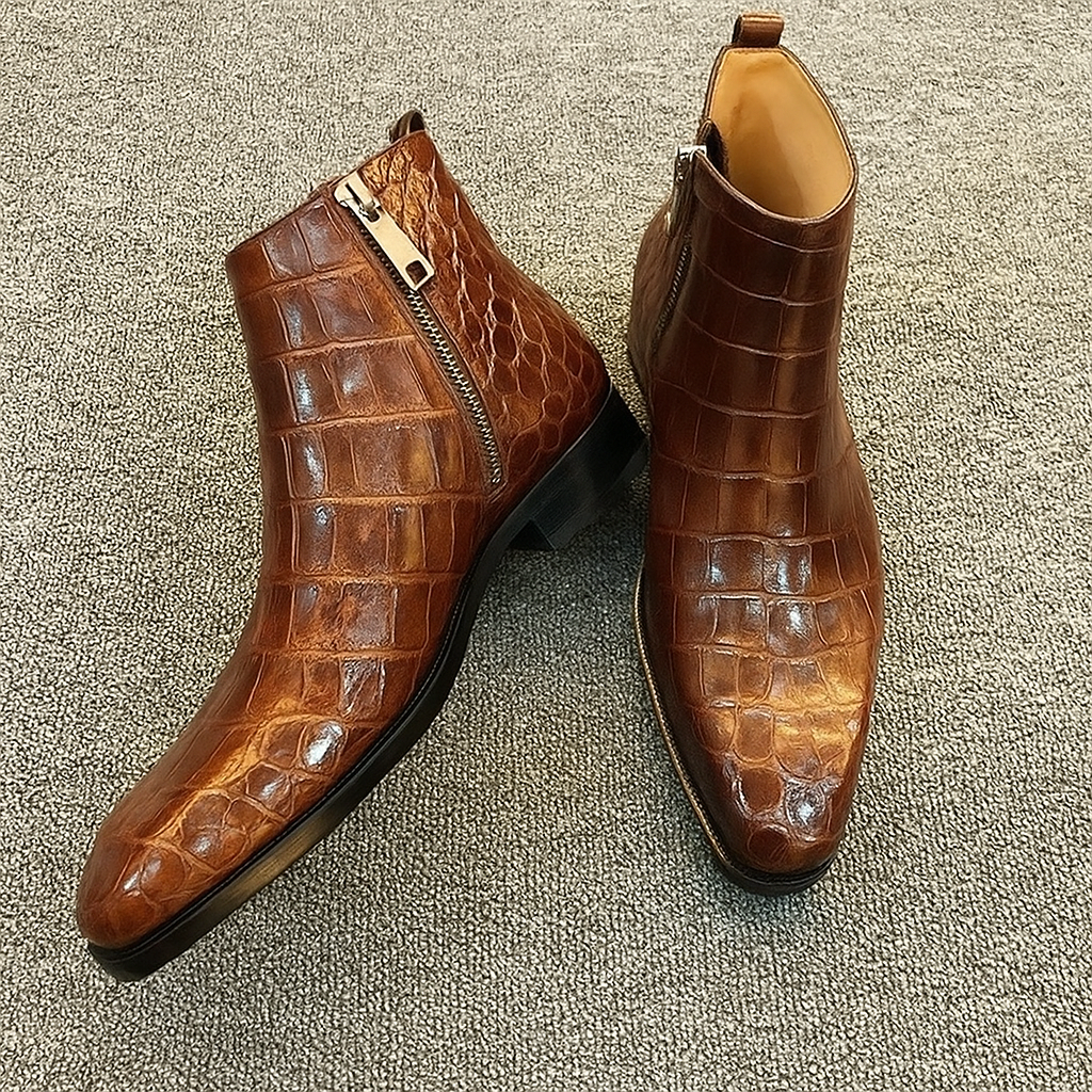 Luxury Black Croc Texture Zipper Dress Boots