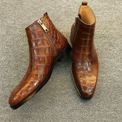 Luxury Black Croc Texture Zipper Dress Boots