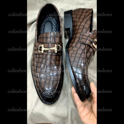 Pebbled Leather Brogue-Toe Bit Loafers