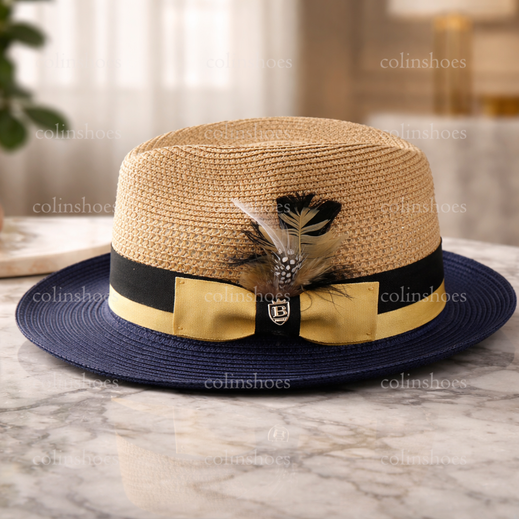 Men's Straw Fedora Hat – Vintage Panama Style Summer Gentleman Hat with Feather Band