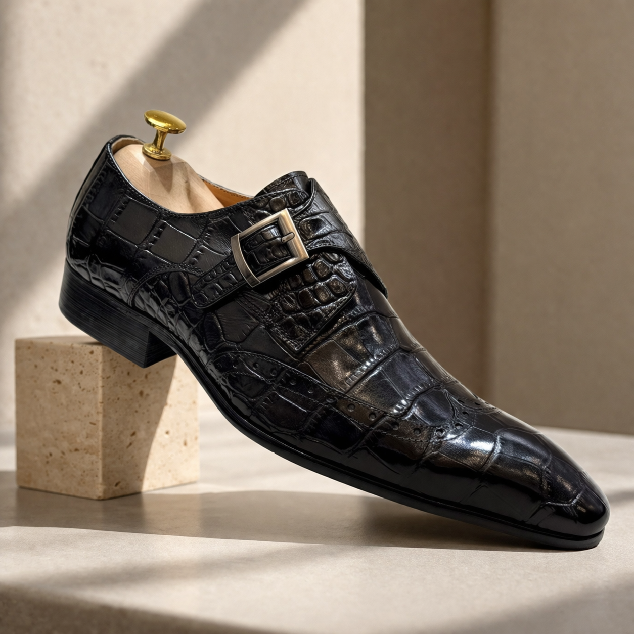 Croc-Embossed Two-Tone Single Monk Strap Shoes
