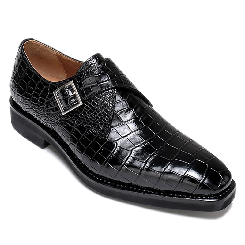 Croc-Embossed Leather Monk Strap Shoes for Men