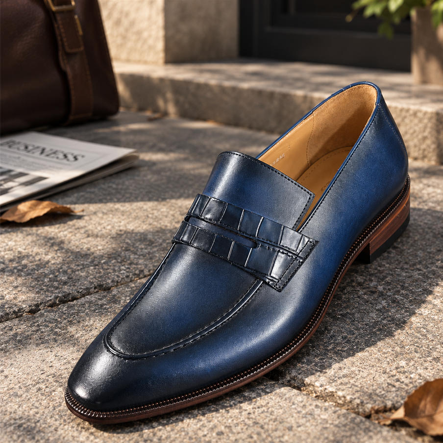 Men's blue textured dress loafers with layered strap detailing