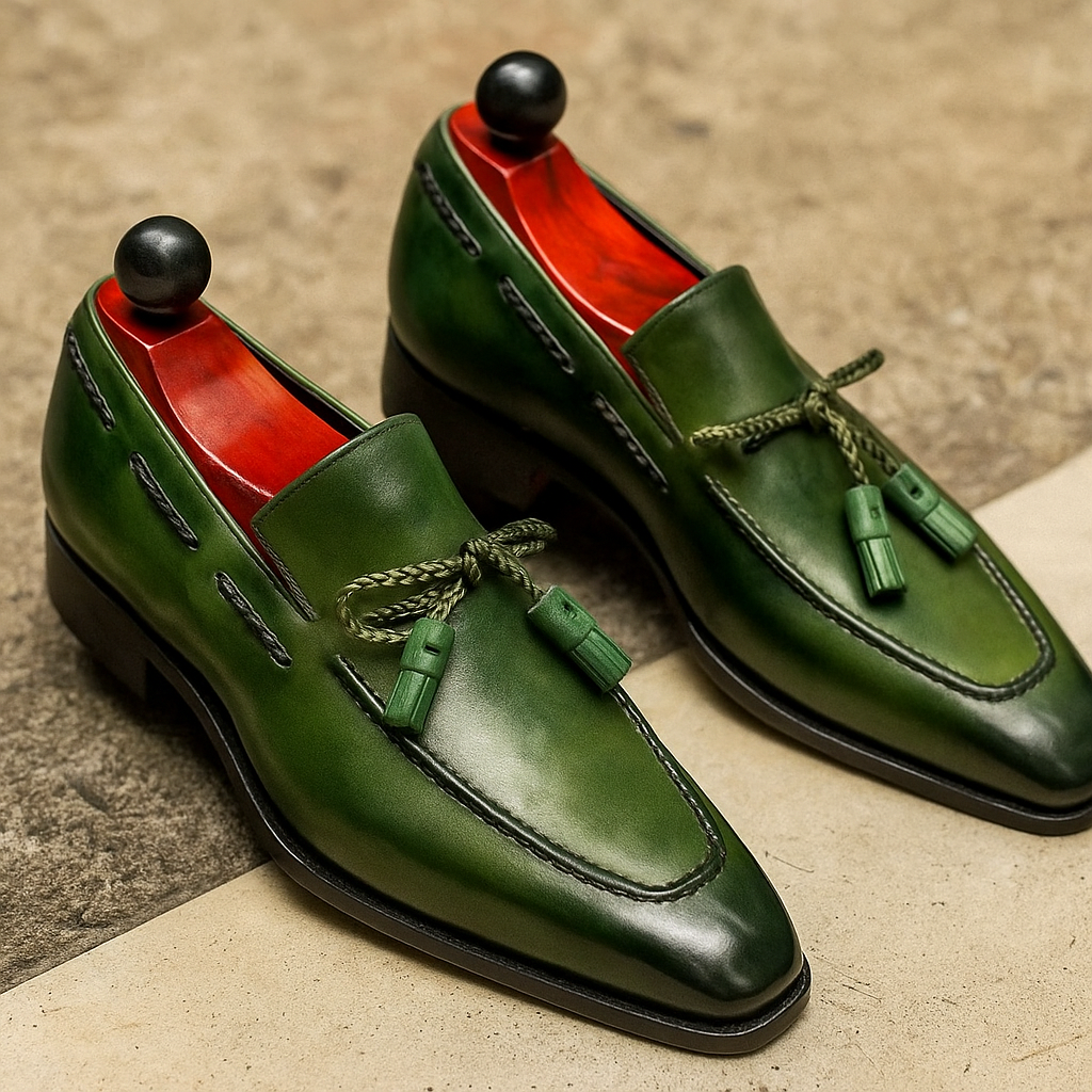 Bold Emerald Green Braided Tassel Loafers