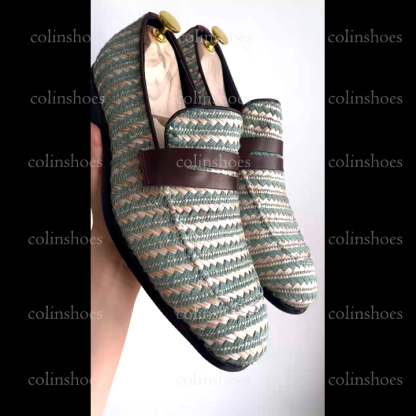 Breathable Green and Beige Woven Loafers