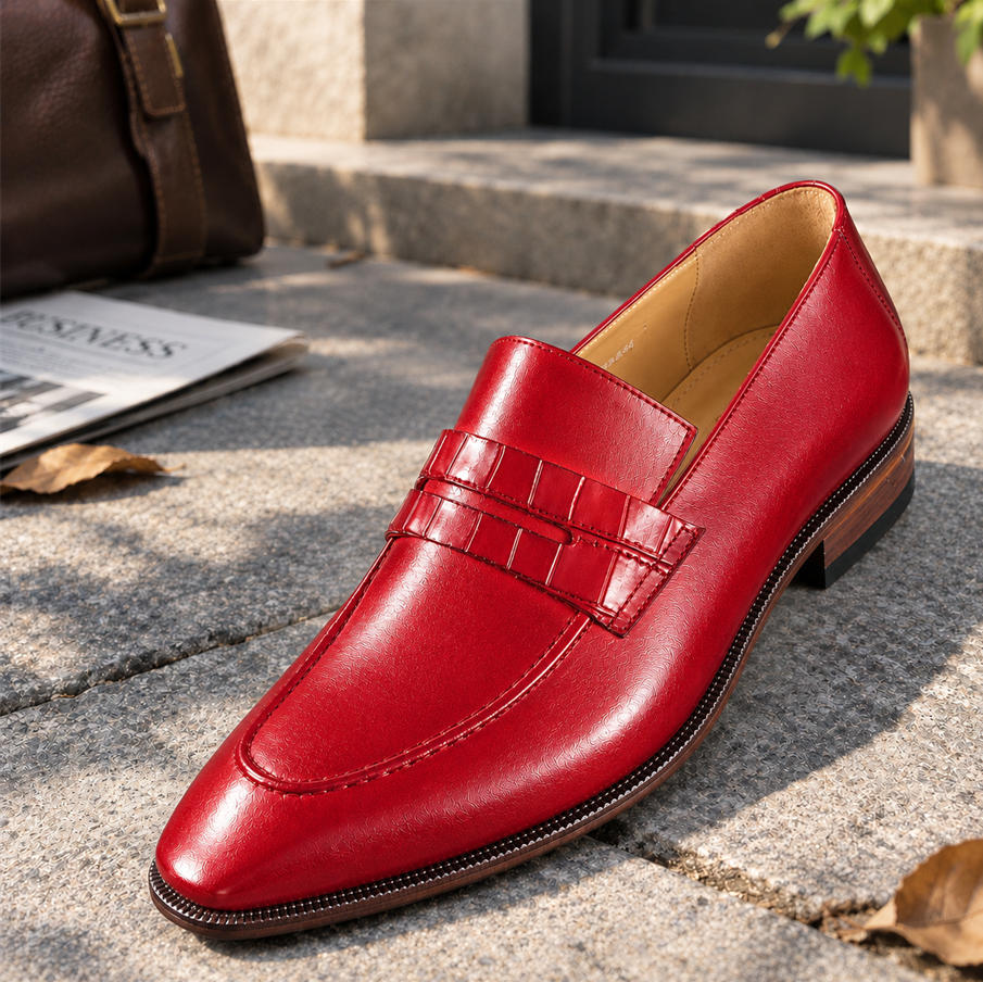 Men's red textured leather loafers with distinctive vamp straps