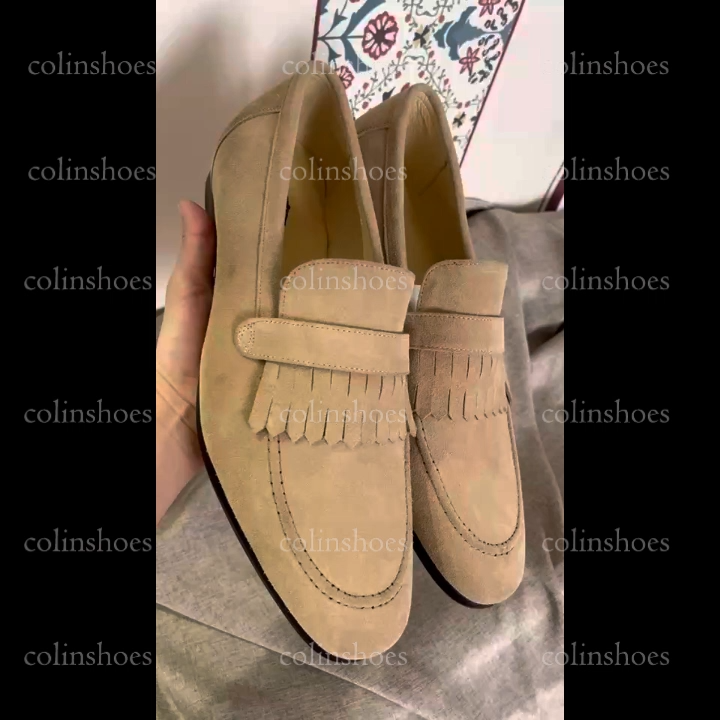 Men's Suede Moc Toe Fringe Loafers 