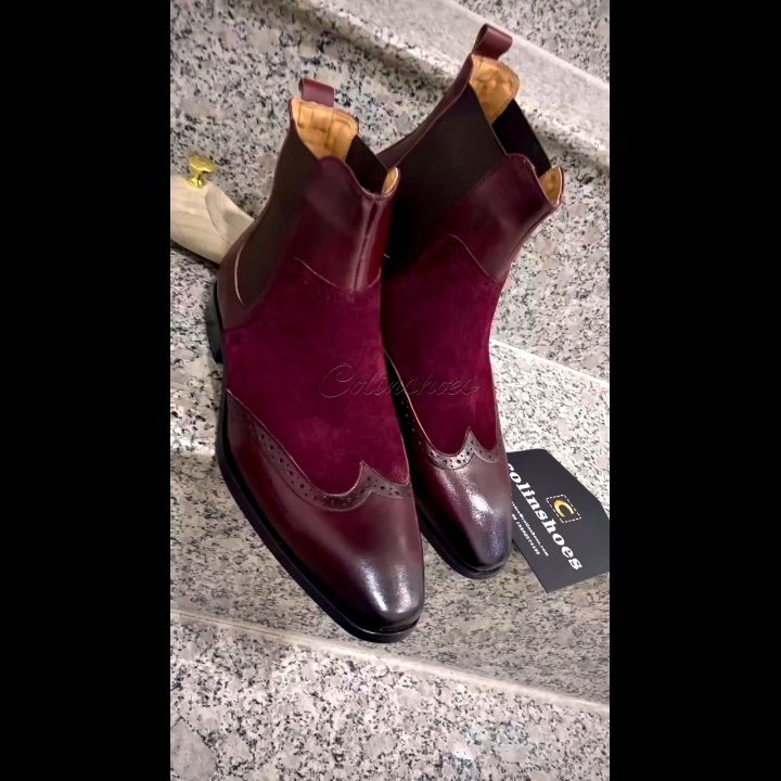 Men's Genuine Leather & Suede Burgundy Ankle Boots
