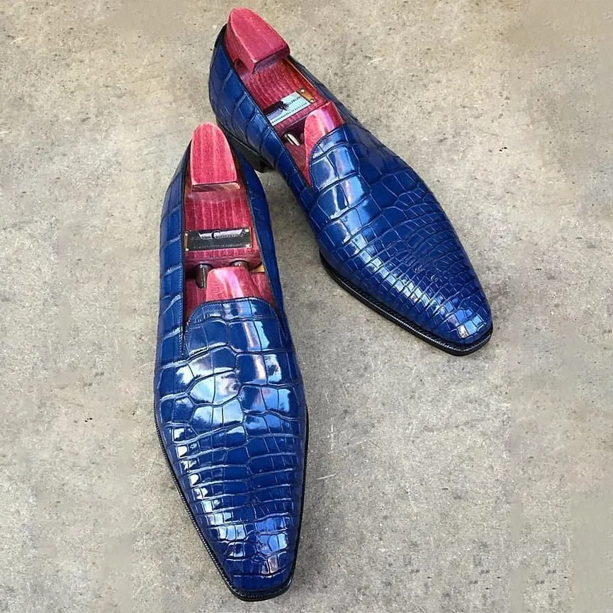 Luxe Sapphire Blue Croc-Embossed Leather Loafers