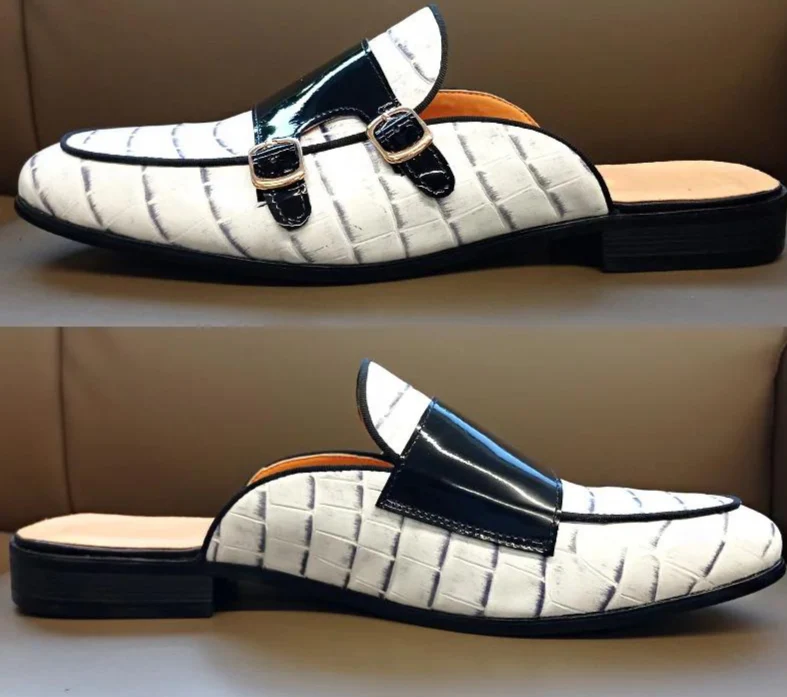 Black & White Leather Double Buckle Mules-Colinshoes