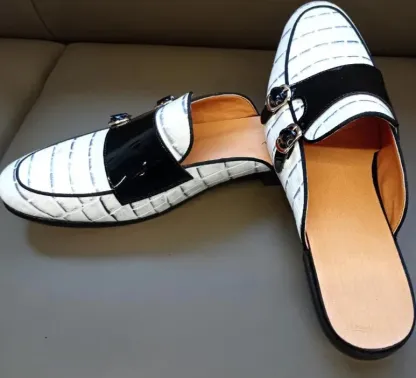 Black & White Leather Double Buckle Mules-Colinshoes