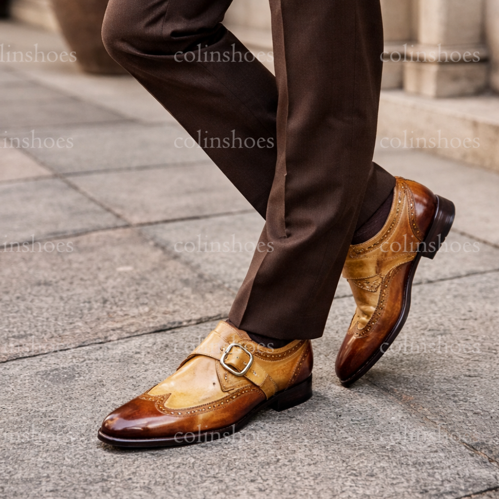 Timeless Gradient Brown Wingtip Monk Strap Shoes