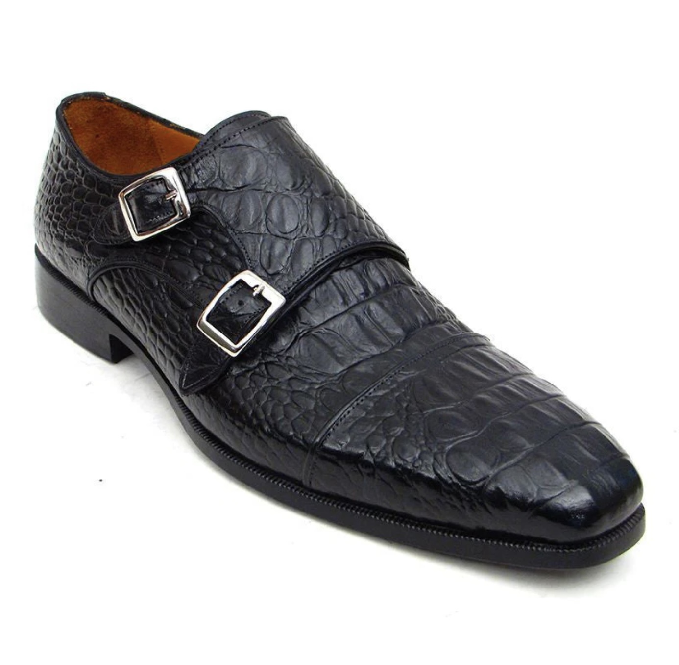 Black Croc Embossed Double Monk Strap Shoes