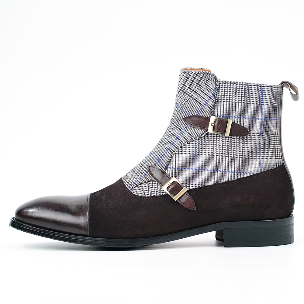 British Style Double Monk Strap Plaid Ankle Boots-Colinshoes