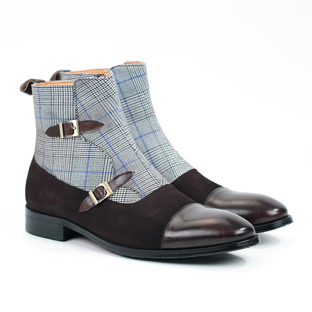 Left-angle shot of tweed check double buckle ankle boots-Colinshoes