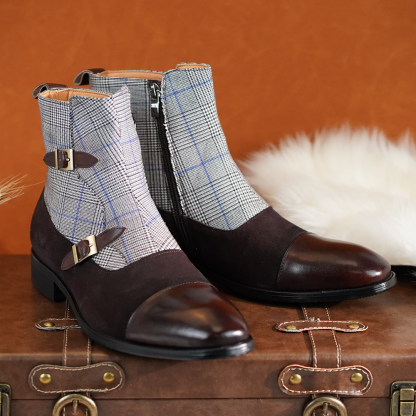 Men’s plaid and leather monk boots front and side view-Colinshoes