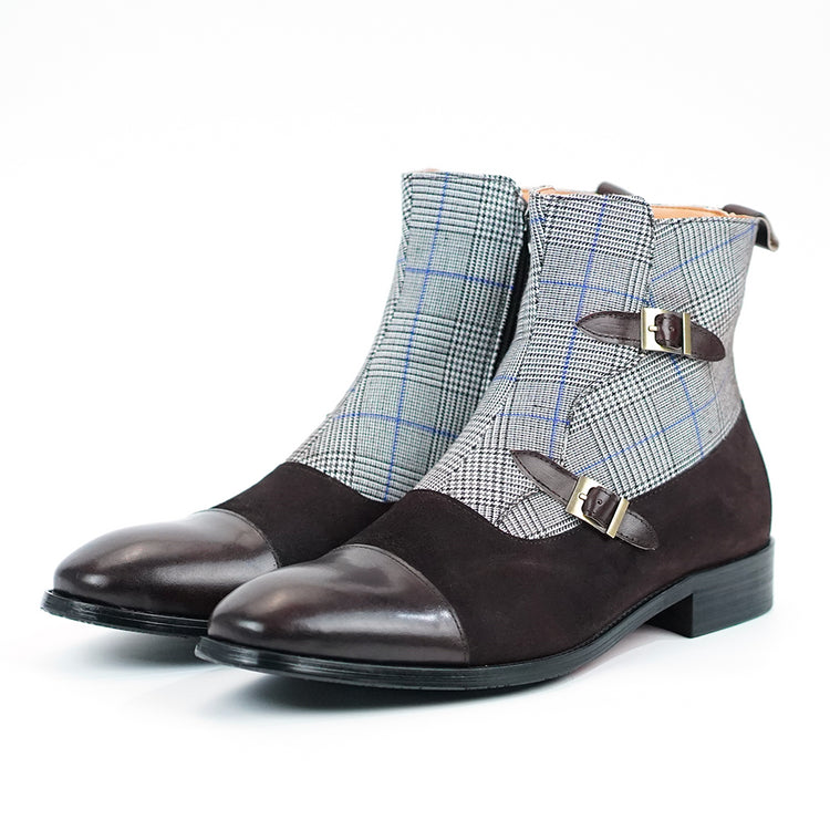 British Style Double Monk Strap Plaid Ankle Boots-Colinshoes