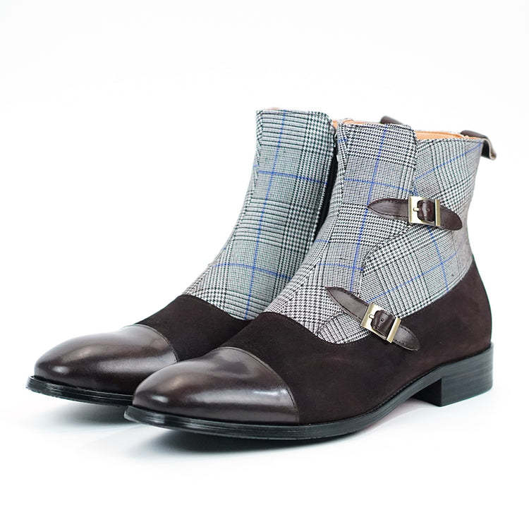 British Style Double Monk Strap Plaid Ankle Boots-Colinshoes