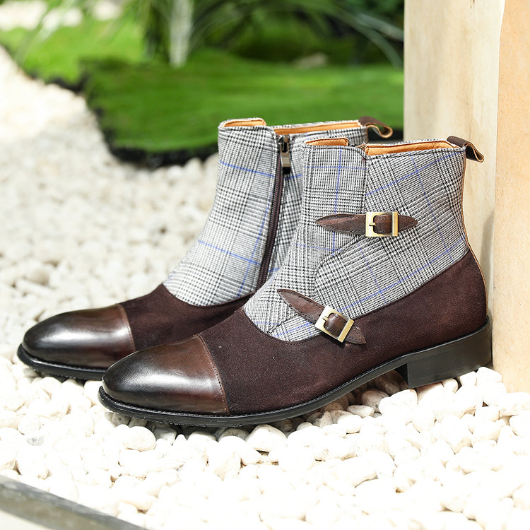 Right-side view of monk boots with brown leather toe cap-Colinshoes