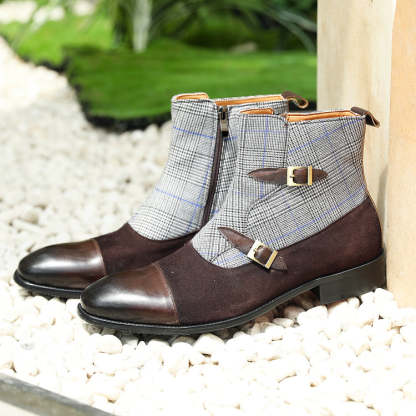 Right-side view of monk boots with brown leather toe cap-Colinshoes