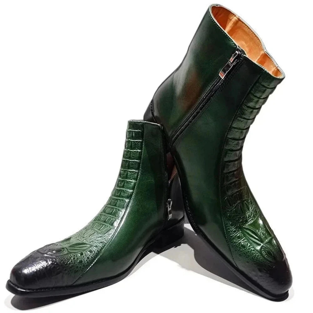Green crocodile embossed leather boots front view with side zipper-Colinshoes