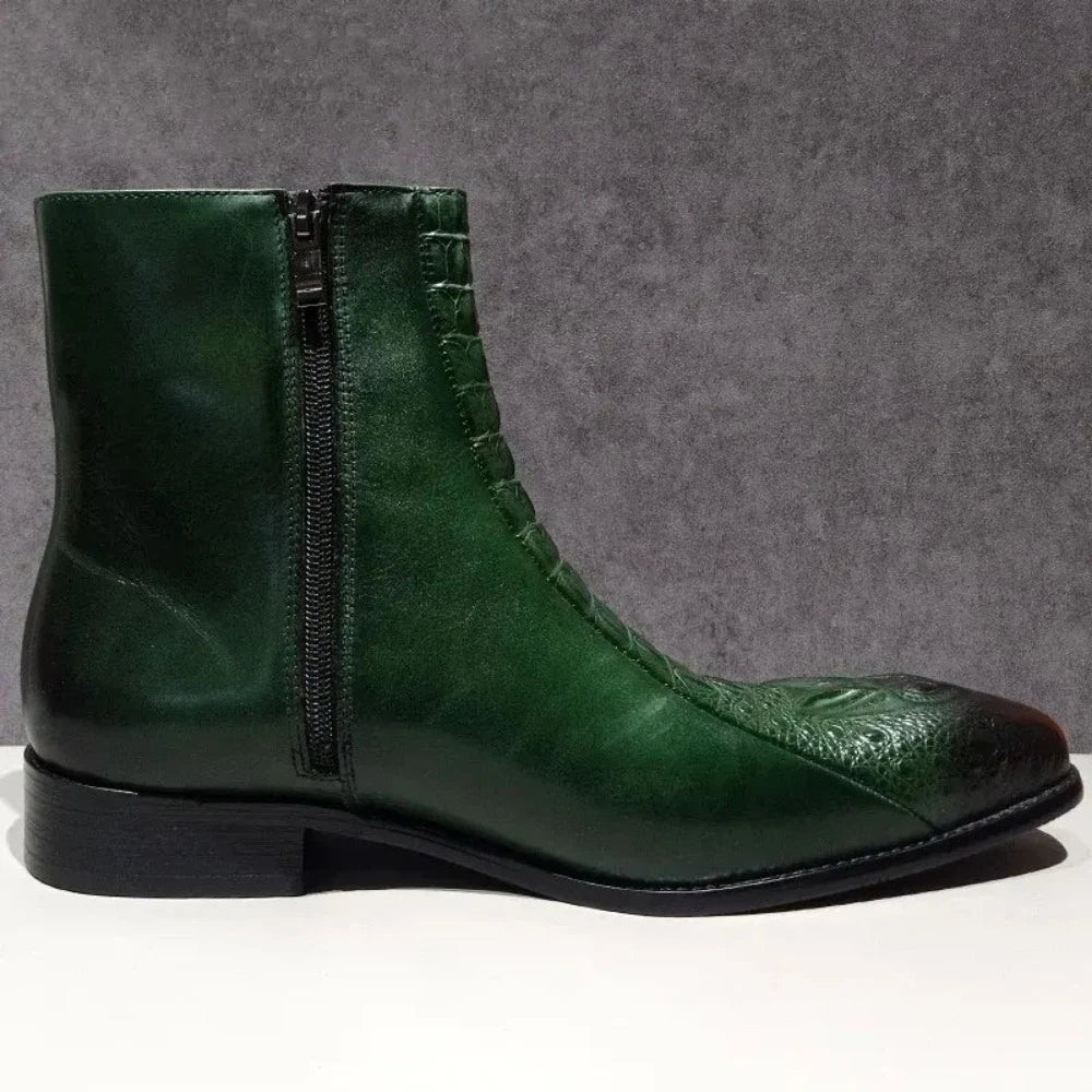Bold Green Embossed Croc Side-Zip Dress Boots-Colinshoes