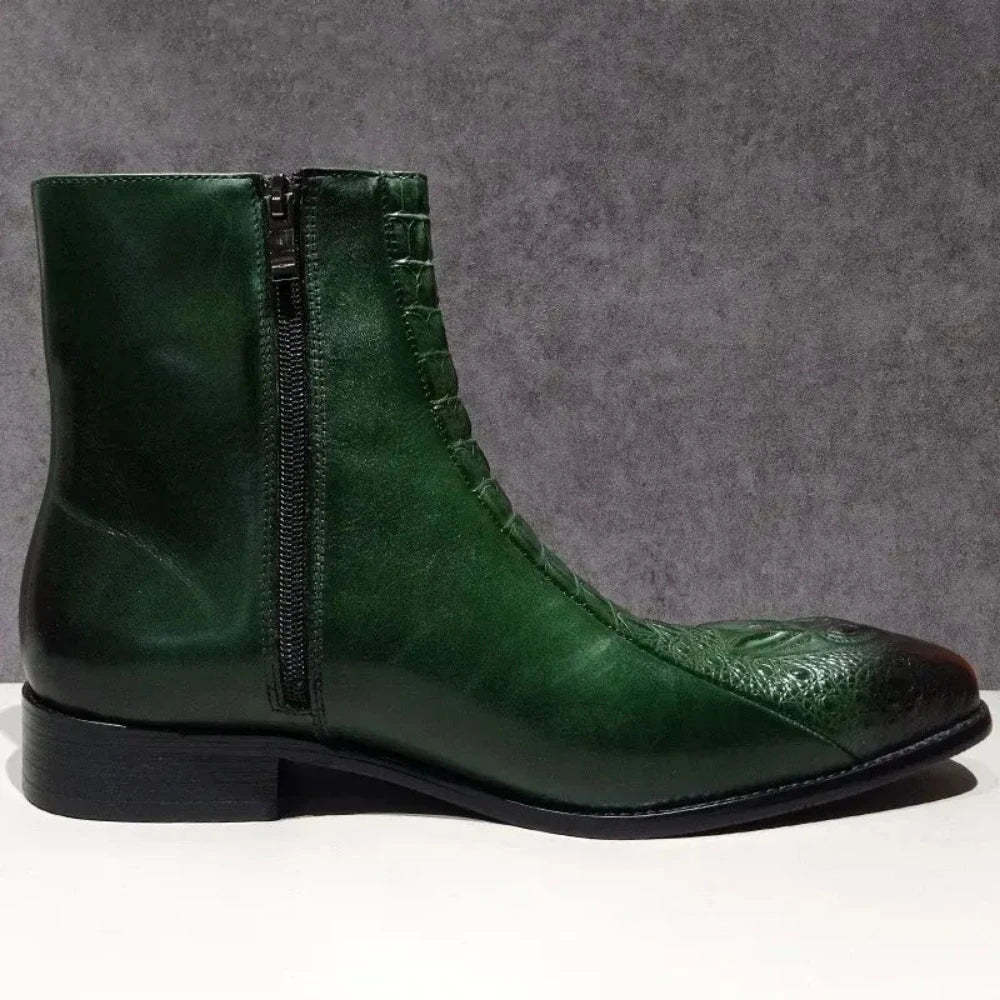 Bold Green Embossed Croc Side-Zip Dress Boots-Colinshoes