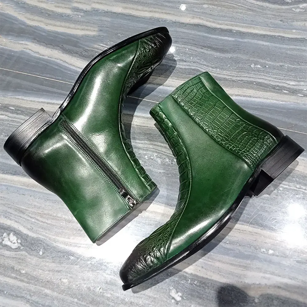 Close-up of embossed toe area on green crocodile ankle boots-Colinshoes