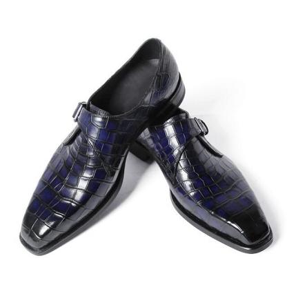men’s luxury monk strap shoes crocodile embossed