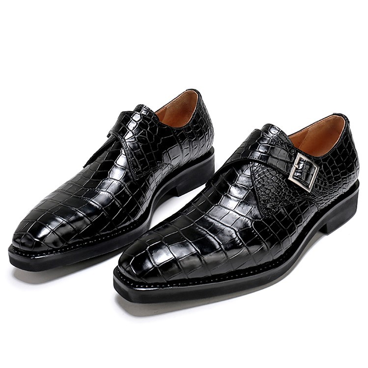 Croc-Embossed Leather Monk Strap Shoes for Men