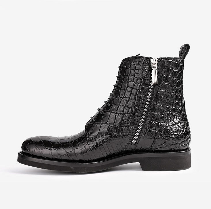 Croc pattern black leather boots right side view